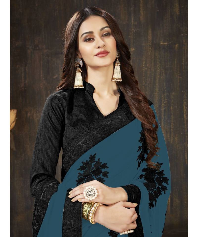 blue embroidered georgette saree with blouse
