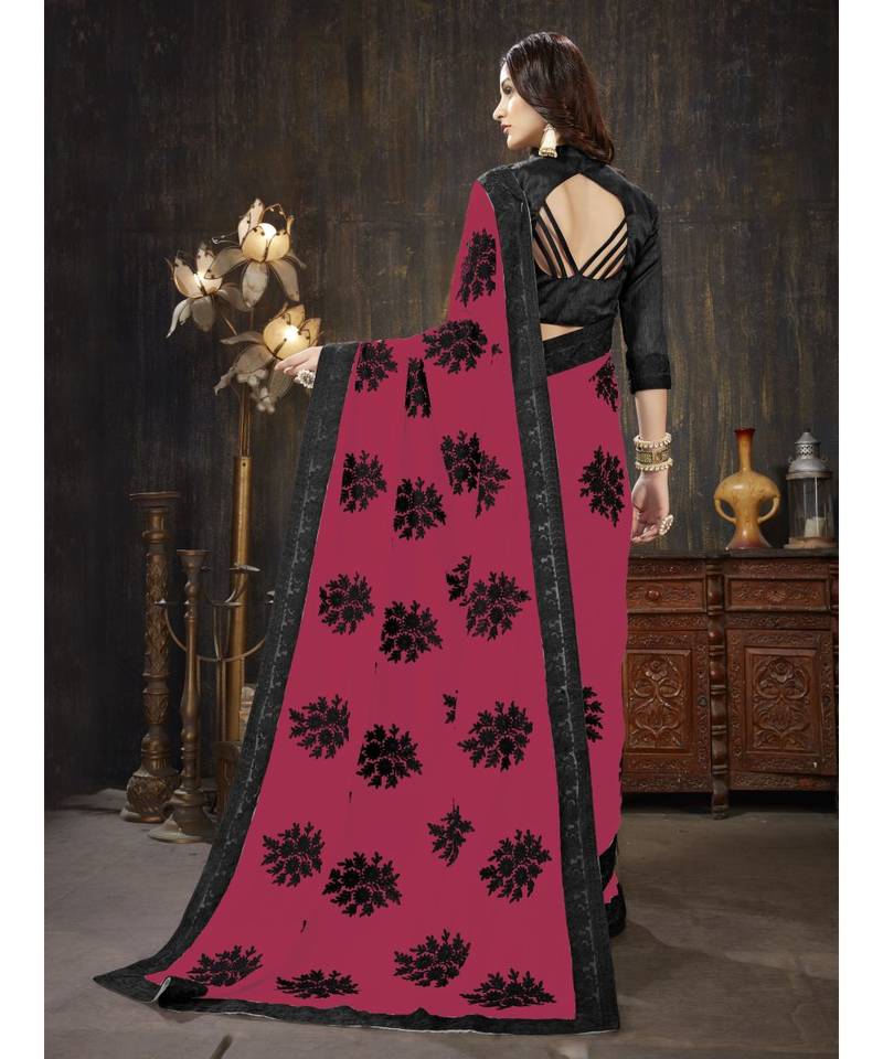 Magenta embroidered georgette saree with blouse