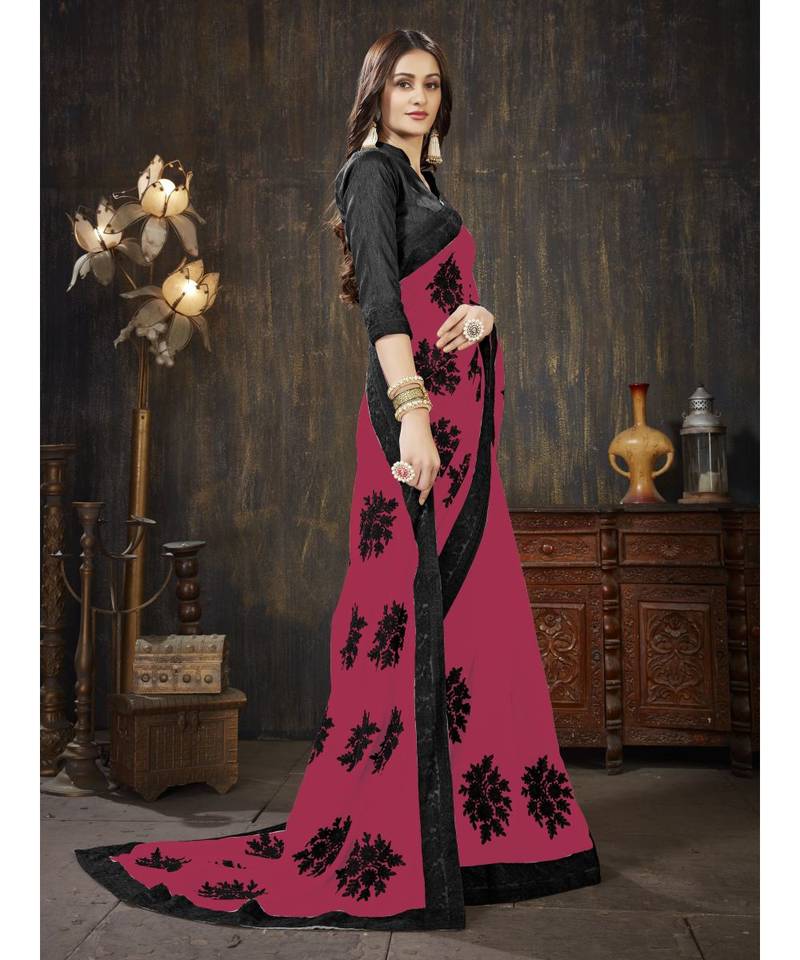 Magenta embroidered georgette saree with blouse