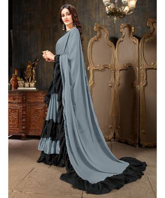 Grey Plain Georgette saree with blouse 2