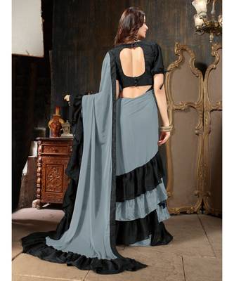 Grey Plain Georgette saree with blouse 3