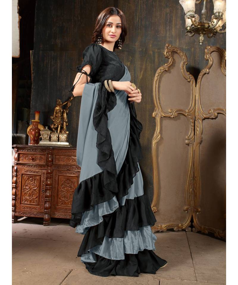 Grey Plain Georgette saree with blouse