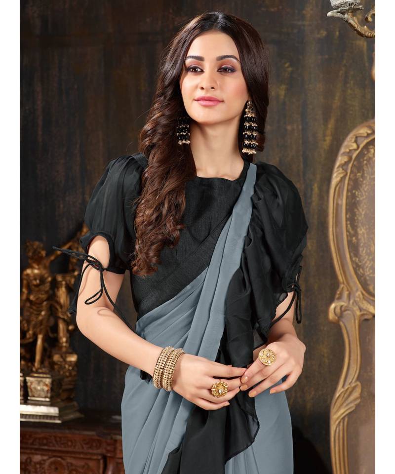 Grey Plain Georgette saree with blouse