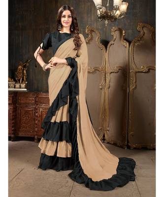 Beige Plain Georgette saree with blouse 1