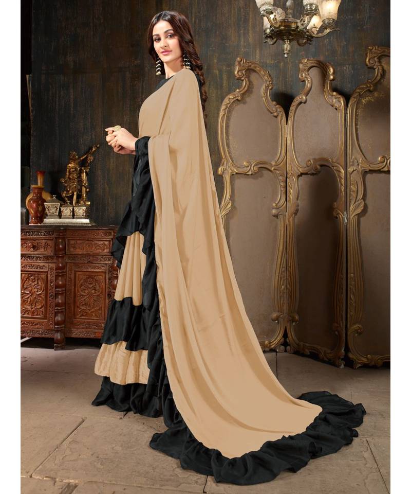 Beige Plain Georgette saree with blouse