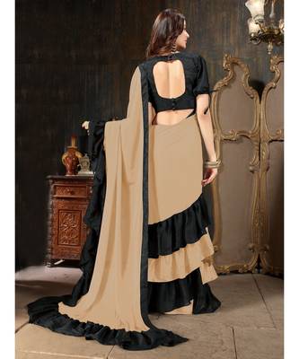Beige Plain Georgette saree with blouse 3