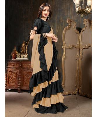 Beige Plain Georgette saree with blouse 4