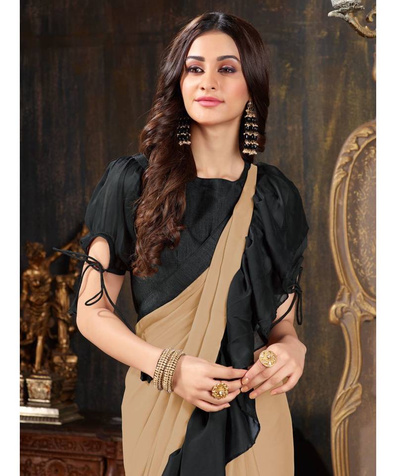 Beige Plain Georgette saree with blouse