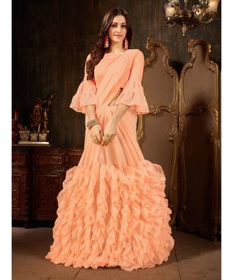 Peach Plain Georgette saree with blouse 1