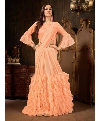 Peach Plain Georgette saree with blouse 2