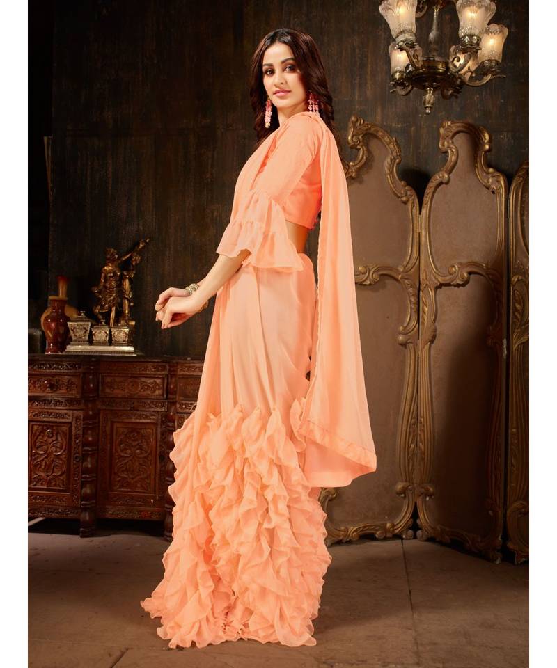 Peach Plain Georgette saree with blouse