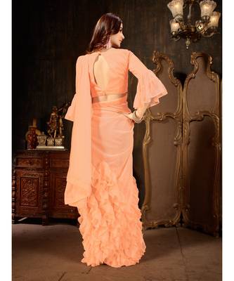 Peach Plain Georgette saree with blouse 4