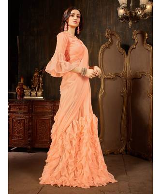 Peach Plain Georgette saree with blouse 5
