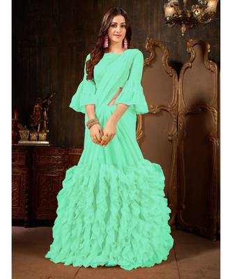 Turquoise Plain Georgette saree with blouse 1