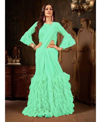 Turquoise Plain Georgette saree with blouse 2