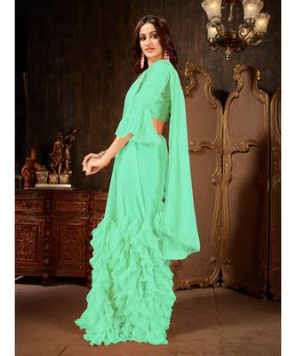 Turquoise Plain Georgette saree with blouse 3