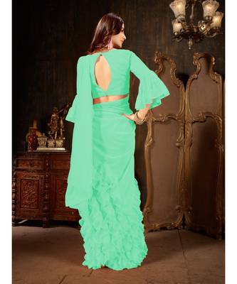 Turquoise Plain Georgette saree with blouse 4