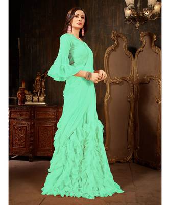 Turquoise Plain Georgette saree with blouse 5