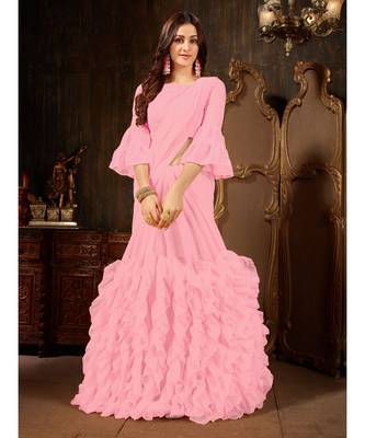 Pink Plain Georgette saree with blouse 1