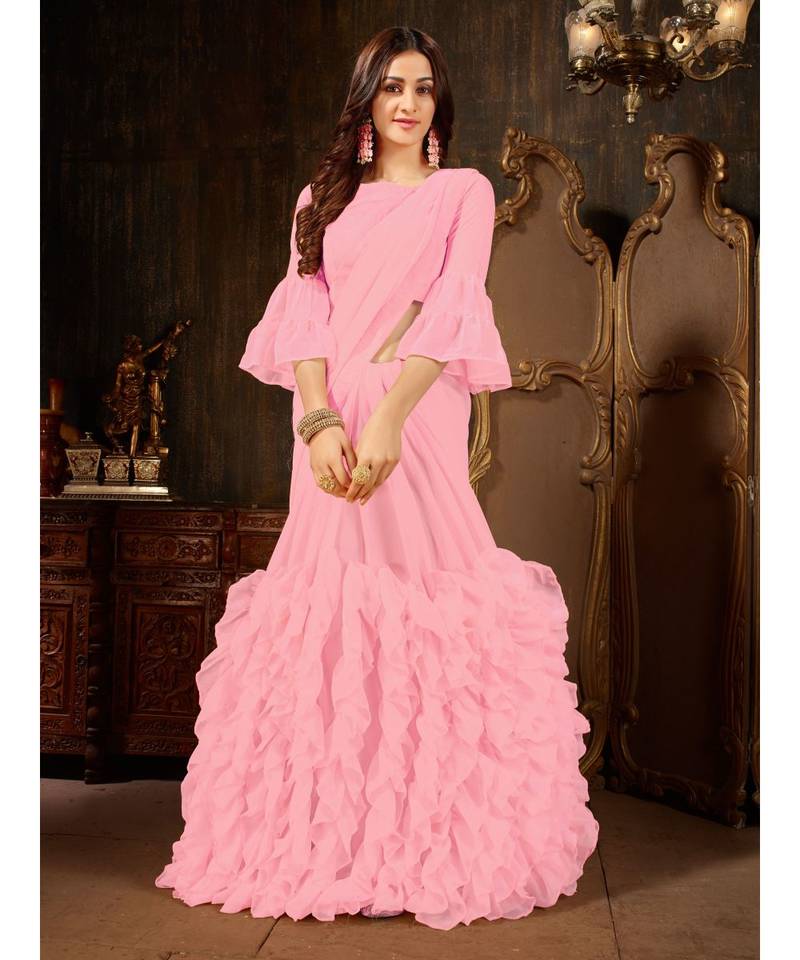 Pink Plain Georgette saree with blouse
