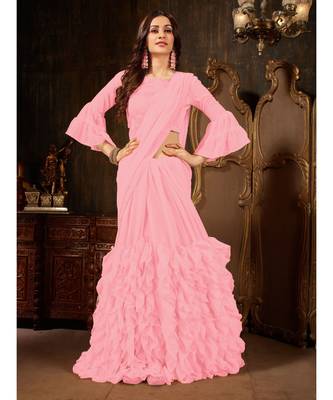 Pink Plain Georgette saree with blouse 2