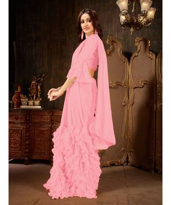 Pink Plain Georgette saree with blouse 3