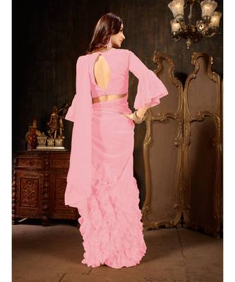 Pink Plain Georgette saree with blouse 4