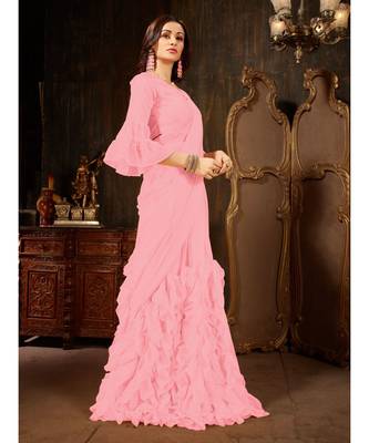 Pink Plain Georgette saree with blouse 5