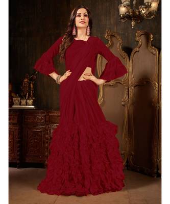 Maroon Plain Georgette saree with blouse 2