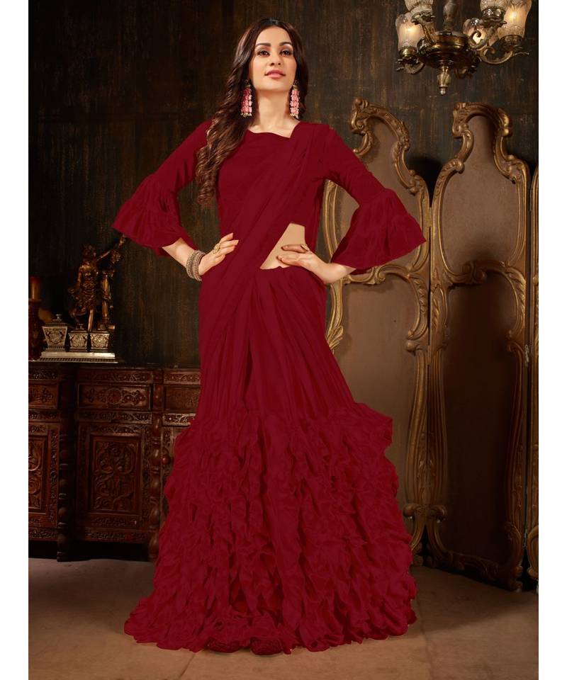 Maroon Plain Georgette saree with blouse
