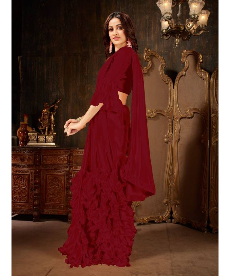 Maroon Plain Georgette saree with blouse