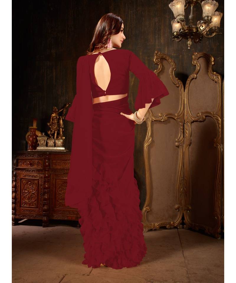 Maroon Plain Georgette saree with blouse