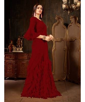 Maroon Plain Georgette saree with blouse 5