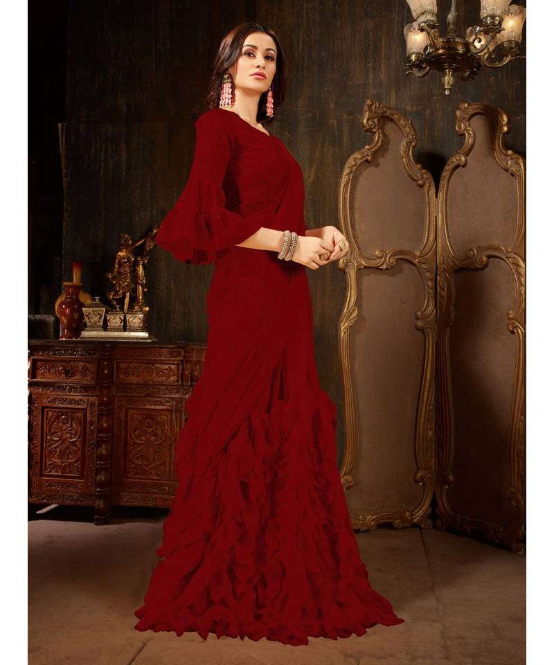 Maroon Plain Georgette saree with blouse