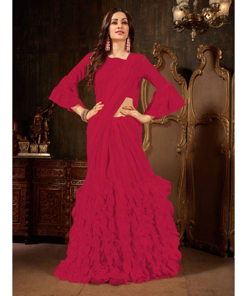Magenta Plain Georgette saree with blouse
