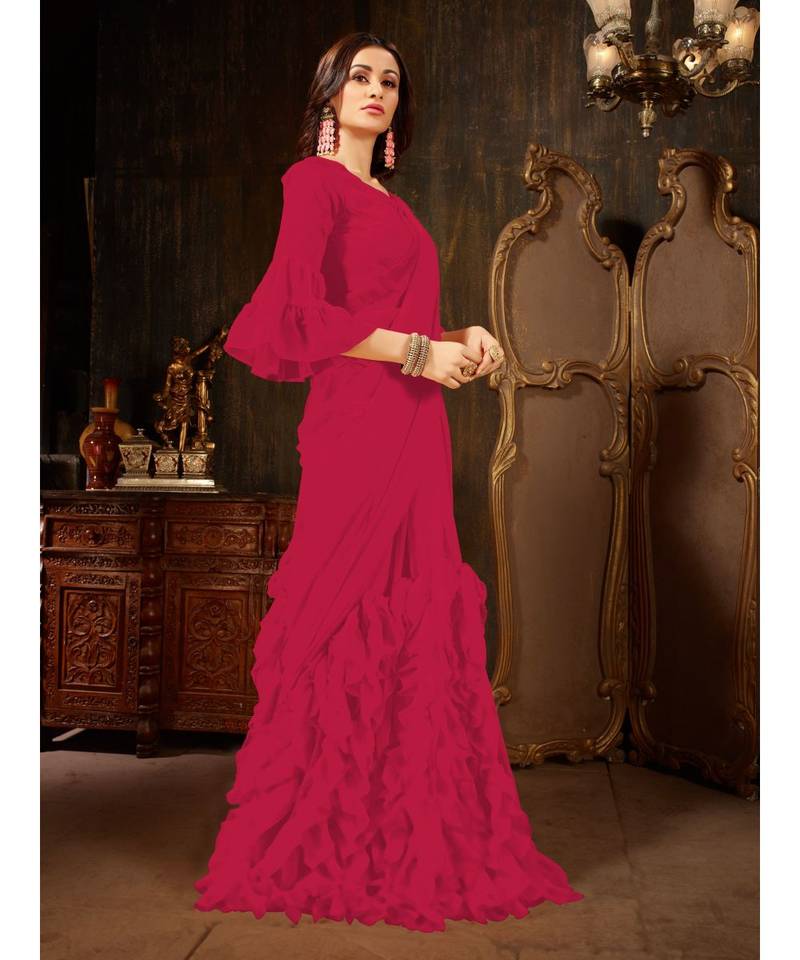 Magenta Plain Georgette saree with blouse