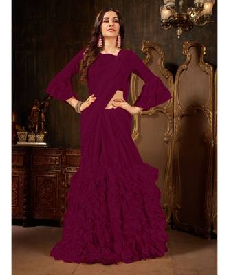 purple Plain Georgette saree with blouse 2
