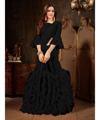 Black Plain Georgette saree with blouse 1