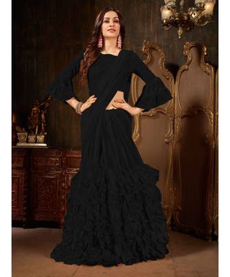Black Plain Georgette saree with blouse 2