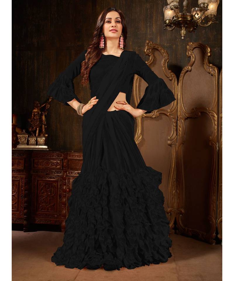 Black Plain Georgette saree with blouse