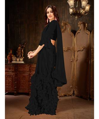 Black Plain Georgette saree with blouse 3