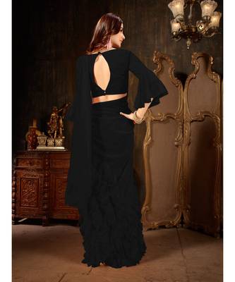 Black Plain Georgette saree with blouse 4