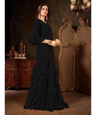 Black Plain Georgette saree with blouse 5
