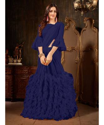 blue Plain Georgette saree with blouse 1