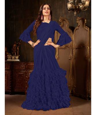 blue Plain Georgette saree with blouse 2