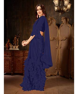 blue Plain Georgette saree with blouse 3