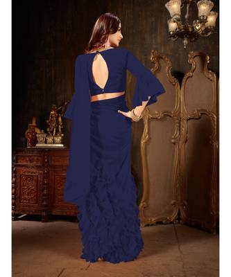 blue Plain Georgette saree with blouse 4