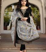 Black embroidered satin georgette semi stitched salwar with dupatta