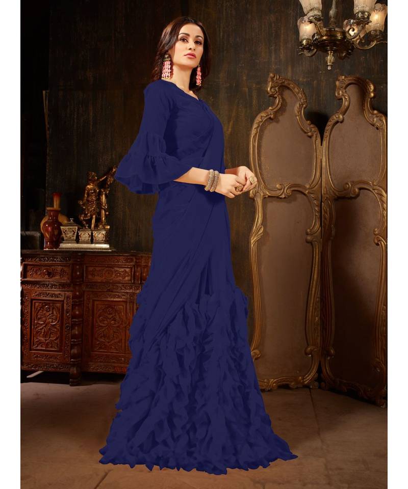 blue Plain Georgette saree with blouse