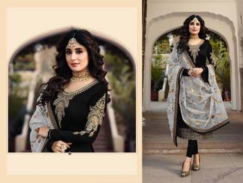 Black embroidered satin georgette semi stitched salwar with dupatta 2